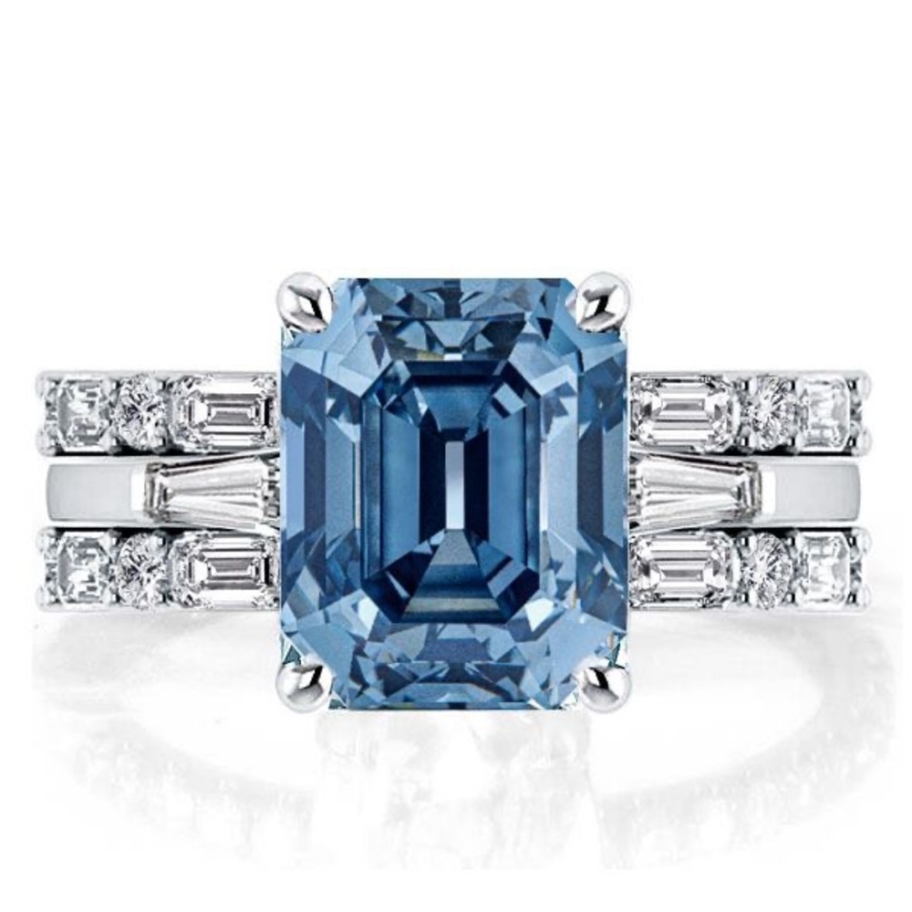Italo Emerald Cut Three Stone Blue Topaz Engagement Rings Sets